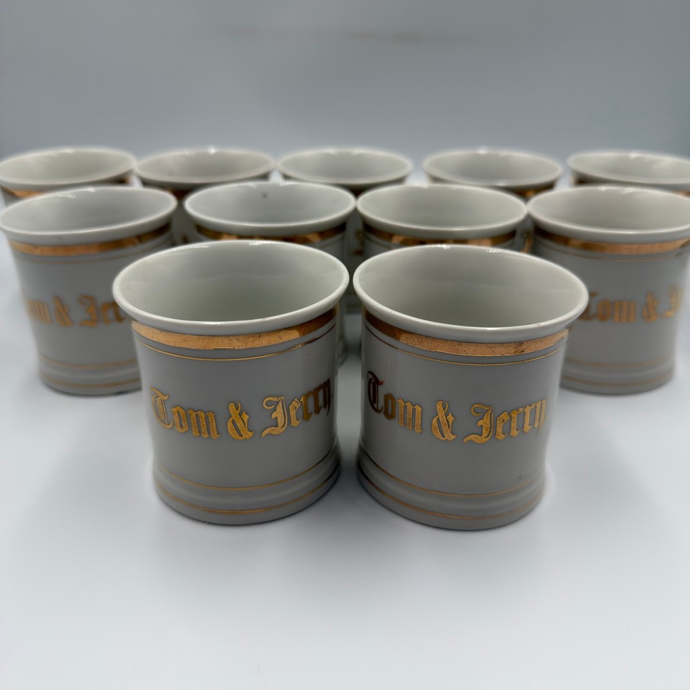 Vintage Tom‎ & Jerry Porcelain Punch Mugs Set of 11 Gold Gilt Germany White
